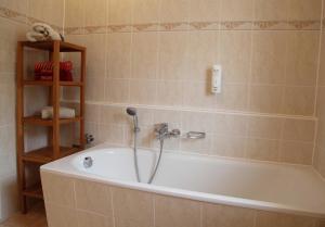 a bath tub with a shower in a bathroom at Ferienwohnung für 3 Personen in Bad Saarow, Berlin in Bad Saarow