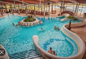 a group of people in a large swimming pool at Revans teázó apartman- belváros in Pápa