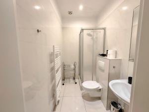 ein weißes Bad mit einer Dusche und einem WC in der Unterkunft W Apartment - Brigittenau Area MM10 in Wien