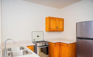 a kitchen with wooden cabinets and a stainless steel refrigerator at Ruby's Place in Cassada Gardens
