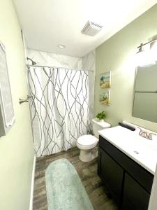 a bathroom with a shower with a toilet and a sink at Ocean Springs Cottage 2 Bedroom 2 Bath in Ocean Springs