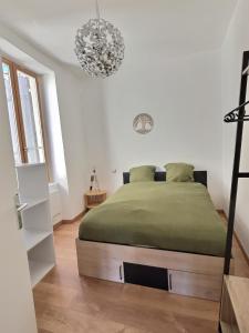 ein Schlafzimmer mit einem Bett mit einer grünen Bettdecke in der Unterkunft Appartement de charme avec balcon au pied des commerces in Béziers