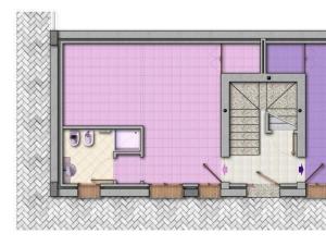 uma planta de piso de uma casa de banho com paredes cor-de-rosa em Erica Studio-Apartment auf einem Bauernhof zwischen Reggio und Modena em Scandiano