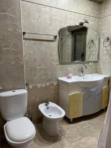 een badkamer met een toilet en een wastafel bij Xplore Xpress • Penthouse in Tirana