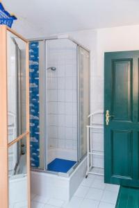 a shower in a bathroom with a green door at Große Wohnung in Kappe mit Garten, Terrasse und Grill in Zehdenick