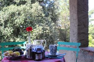een tafel met een fruitschaal en een vaas met een bloem bij Große Wohnung in Castellina Marittima mit Privatem Garten - a88443 in Castellina Marittima