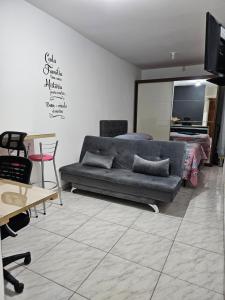 a living room with a couch and a flat screen tv at Consulado Americano apartamento 50 metros da entrada para Visto Consulado EUA Porto Alegre com garagem in Porto Alegre