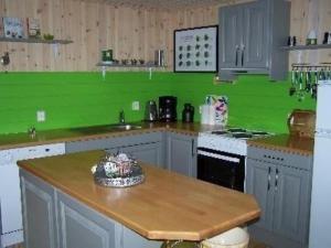 cocina con paredes verdes y encimera de madera en Großes Holzferienhaus mit Sauna in der Nähe von Wasser und Skicenter, en Vradal