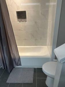a bathroom with a shower with a toilet and a sink at Luxury Stay in Montrose- Parma _ the Italian Plaza in Houston