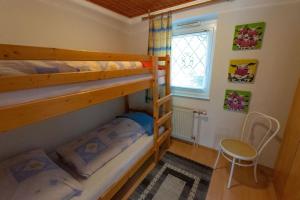 1 Schlafzimmer mit 2 Etagenbetten und einem Fenster in der Unterkunft Geräumige Ferienwohnung mit zwei Schlafzimmern, ideal für eine Familie in Flattach