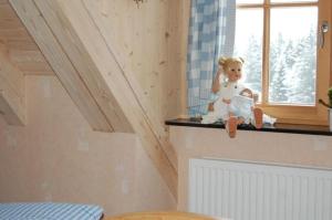 a doll sitting on a window sill in a room at Liebevoll eingerichtete Ferienwohnung auf der zweiten Etage mit Balkon in Schönwald