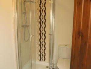 a glass shower in a bathroom with a toilet at The Cosy Cottage Retreat! Perfect for Contractors, Relocators, Getaway in Llantrisant