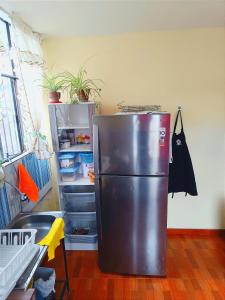a metallic refrigerator in a kitchen with plants at Fernanda apartment in Arequipa