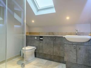 łazienka z umywalką, toaletą i oknem dachowym w obiekcie 1 Bed in Little Gransden 81056 w mieście Little Grandsen