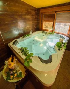 eine Whirlpool-Badewanne mit Pflanzen in einem Zimmer in der Unterkunft Ferienhaus in Laroya mit Whirlpool, gemeinschaftlichem Pool und Grill in Laroya