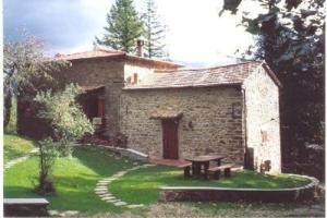 una casa de piedra con una mesa de picnic en el patio en Ferienwohnung in Bibbiena mit Garten, gemeinsamem Pool und Grill, en Bibbiena