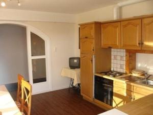 a kitchen with wooden cabinets and a stove top oven at Appartement in Neukirchen Am Großvenediger in Neukirchen am Großvenediger