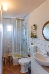y baño con ducha, aseo y lavamanos. en Gästezimmer mit Terrasse, en Zehdenick