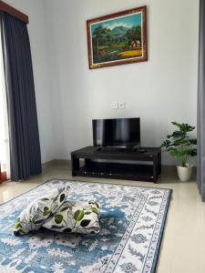 Habitación con cama, TV y alfombra. en Bratavilla, en Ketewel