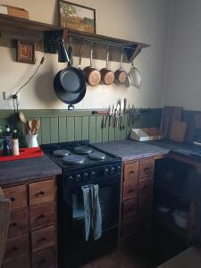 cocina con fogones y algunas ollas y sartenes en Timbermiller's cottage, en Deeside