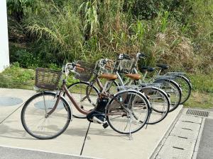 tres motos estacionadas una junto a la otra en una acera en E-horizon Resort Condominium Sesoko en Motobu