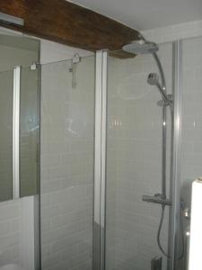 a shower with a glass door in a bathroom at Ferienhaus mit gemeinsamem Pool und Garten in Jabbeke