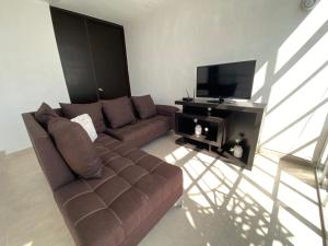 ein Wohnzimmer mit einem braunen Sofa und einem Flachbild-TV in der Unterkunft Casa de descanso con piscina Galileos in León