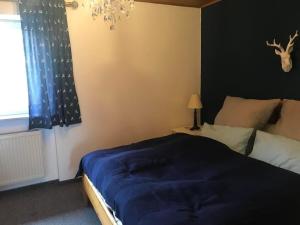 Un dormitorio con una cama con una manta azul. en Hundefreundliches Ferienhaus in Zandt mit Terrasse, Grill und Garten - b48616, en Zandt