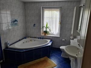 een badkamer met een bad, een toilet en een wastafel bij Appartement in WeißwasserOberlausitz mit Großem Garten in Weißwasser