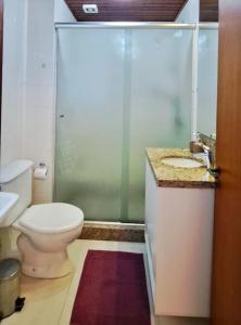 a bathroom with a toilet and a sink and a shower at Melhor localização de Gramado in Gramado
