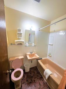 uma casa de banho com um WC cor-de-rosa, um lavatório e uma banheira. em Red Top Motor Inn em Iron Bridge