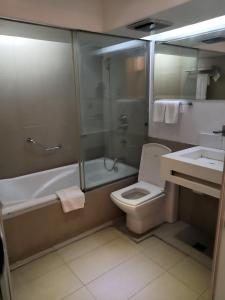 een badkamer met een toilet, een douche en een wastafel bij The E-Hotel Makati in Manilla