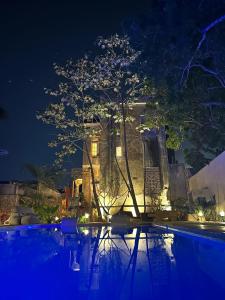 a tree in front of a building at night at Historic House Hotel boutique in Mérida