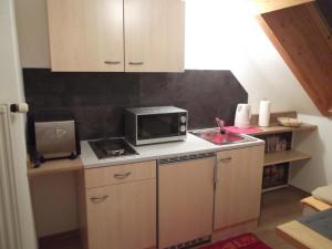 eine kleine Küche mit Mikrowelle und Spüle in der Unterkunft Studio für 6 Personen ca 70 qm in Unterammergau, Bayern Oberbayern in Unterammergau