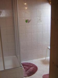 y baño con ducha y alfombra rosa. en Ferienwohnung für 4 Personen 1 Kind ca 50 qm in Unterammergau, Bayern Oberbayern, en Unterammergau