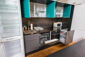 a kitchen with green cabinets and a stove top oven at Komfortable Ferienwohnung für bis zu acht Personen im Erdgeschoss mit eigenem Garten in Vienna