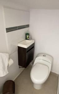 ein Badezimmer mit einem weißen WC und einem Waschbecken in der Unterkunft Casa de descanso con piscina Galileos in León