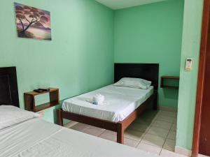 two beds in a room with green walls at Bioluminiscencia Hostel Tours - South in Paquera