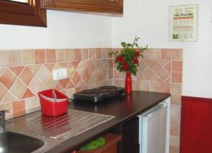 un mostrador de cocina con un jarrón de flores. en Gästezimmer für 2 Personen 1 Kind ca 30 qm in Loiri Porto San Paolo, Sardinien Gallura - b58194, en Biacci