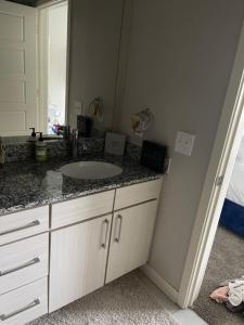 a bathroom counter with a sink and a mirror at Luxury 2bedroom condo in Fairburn