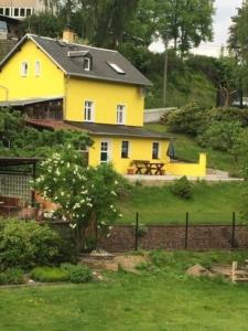 żółty dom siedzący na zielonym podwórku w obiekcie Ferienhaus in Bad Elster mit Kleinem Kamin w mieście Bad Elster