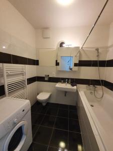 ein Badezimmer mit einem Waschbecken und einer Waschmaschine in der Unterkunft Private, spacious apartement close to city centre in Moravská Ostrava