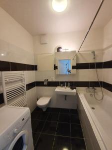 ein Badezimmer mit einem Waschbecken, einem WC und einer Badewanne in der Unterkunft Private, spacious apartement close to city centre in Moravská Ostrava