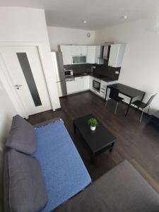 ein Wohnzimmer mit einem Sofa und einem Tisch in der Unterkunft Private, spacious apartement close to city centre in Moravská Ostrava