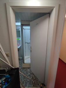a bathroom with a shower and a white door at Room in Guest room - Single room with shared bathroom and kitchen in Hundsbach in Forbach
