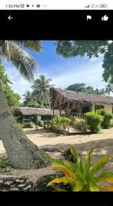 een huis met een palmboom ervoor bij White Beach Bungalow & Restaurant in Lénakel