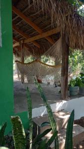 a patio with a hammock and some plants at Paraíso Verde in Tambaca