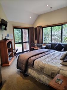 a bedroom with a bed and a couch and windows at First Light Kaikoura in Kaikoura