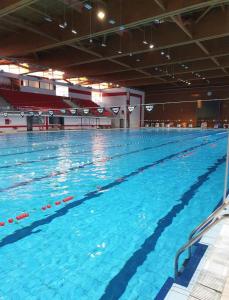 a large swimming pool with blue water at Elixir studio in Bucharest