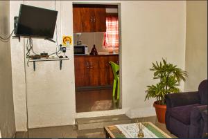 a living room with a tv and a kitchen at Guddy’s Riverside Cottage in Nausori